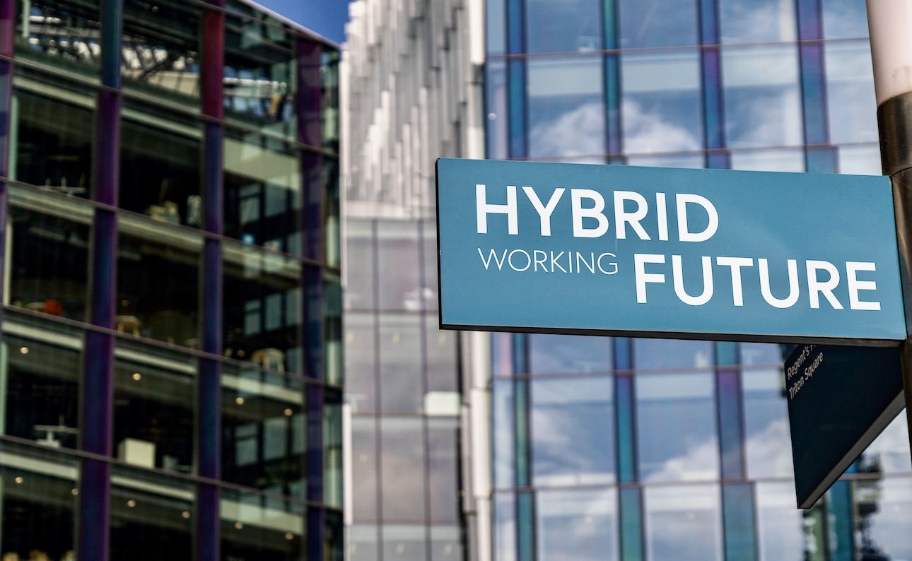 Hybrid,working,future,sign,in,front,of,city,skyscrapers
